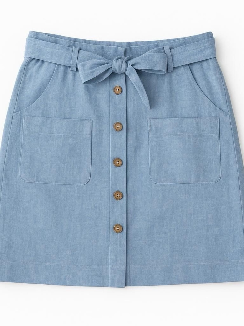 Button-Front Tie-Waist Mini Skirt in Light Blue